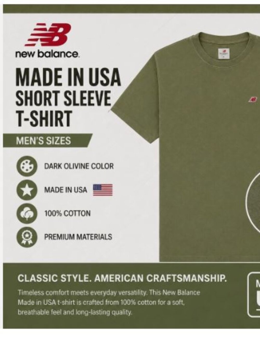 New Balance Made in USA Short Sleeve T-Shirt Men's L DARK OLIVINE 100% Cotton